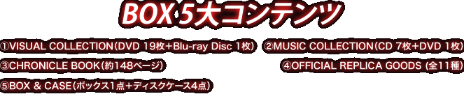 BOX 5大コンテンツ VISUAL COLLECTION（DVD 19枚＋Blu-ray Disc 1枚）MUSIC COLLECTION（CD 7枚＋DVD 1枚）CHRONICLE BOOK（約148ページ）OFFICIAL REPLICA GOODS (全11種）BOX & CASE（ボックス1点＋ディスクケース4点）